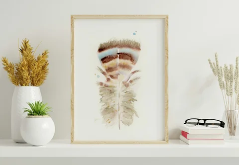 Image of a feather watercolor painting by Shayna Larsen, originals & prints available