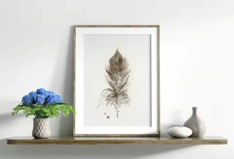 Image of a feather watercolor painting by Shayna Larsen, originals & prints available