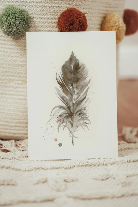 Image of a feather watercolor painting by Shayna Larsen, originals & prints available