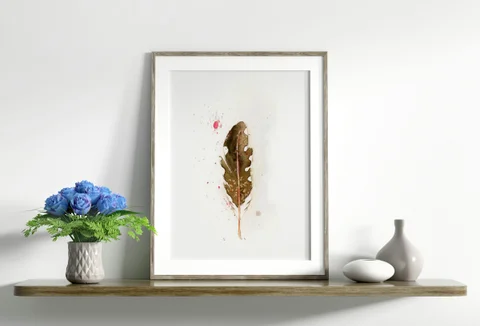 Image of a feather watercolor painting by Shayna Larsen, originals & prints available