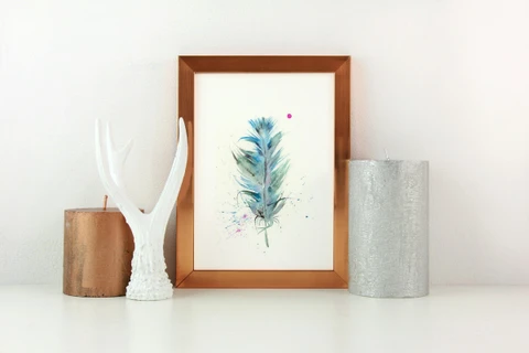 Image of a feather watercolor painting by Shayna Larsen, originals & prints available