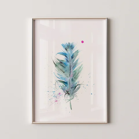Image of a feather watercolor painting by Shayna Larsen, originals & prints available