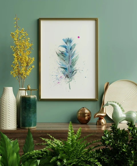 Image of a feather watercolor painting by Shayna Larsen, originals & prints available