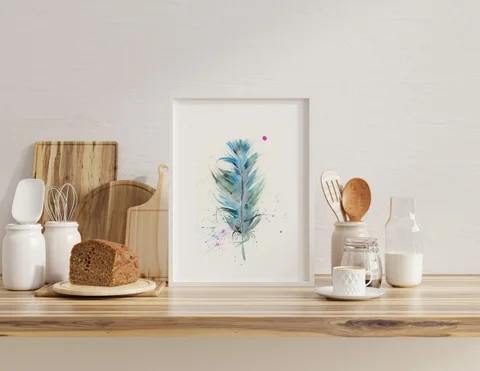 Image of a feather watercolor painting by Shayna Larsen, originals & prints available
