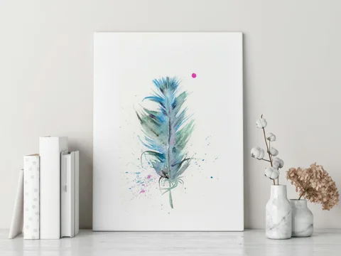 Image of a feather watercolor painting by Shayna Larsen, originals & prints available