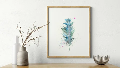 Image of a feather watercolor painting by Shayna Larsen, originals & prints available