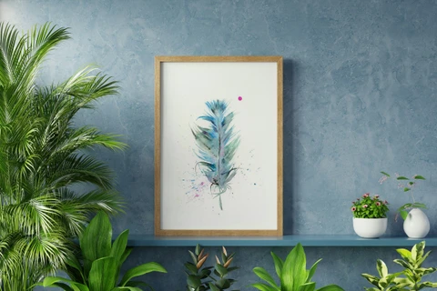 Image of a feather watercolor painting by Shayna Larsen, originals & prints available