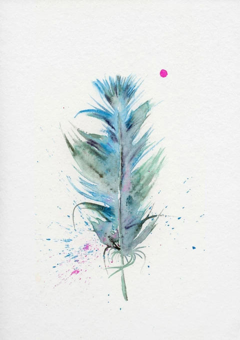 Image of a feather watercolor painting by Shayna Larsen, originals & prints available