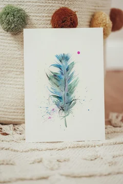 Image of a feather watercolor painting by Shayna Larsen, originals & prints available