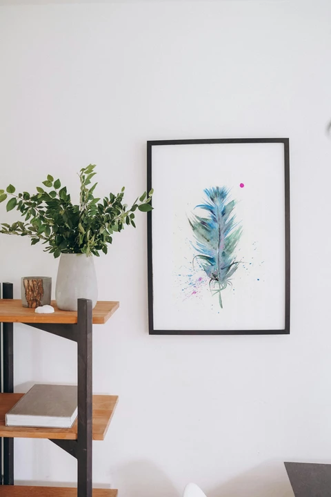 Image of a feather watercolor painting by Shayna Larsen, originals & prints available