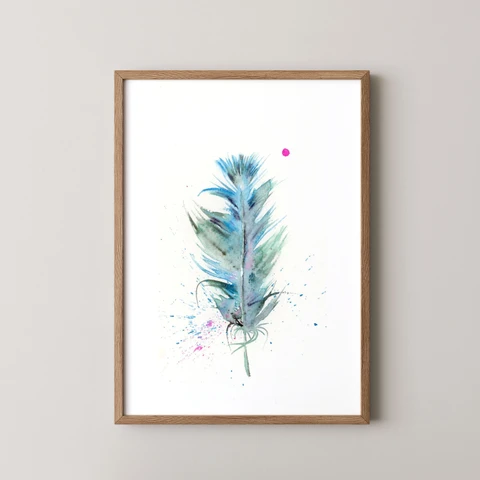 Image of a feather watercolor painting by Shayna Larsen, originals & prints available