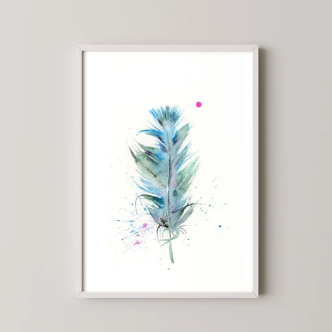 Image of a feather watercolor painting by Shayna Larsen, originals & prints available