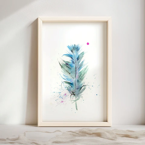 Image of a feather watercolor painting by Shayna Larsen, originals & prints available