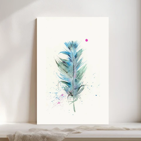 Image of a feather watercolor painting by Shayna Larsen, originals & prints available