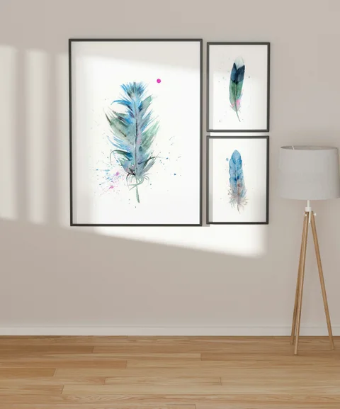 Image of a feather watercolor painting by Shayna Larsen, originals & prints available