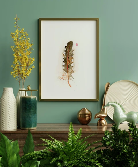 Image of a feather watercolor painting by Shayna Larsen, originals & prints available