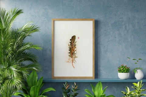 Image of a feather watercolor painting by Shayna Larsen, originals & prints available