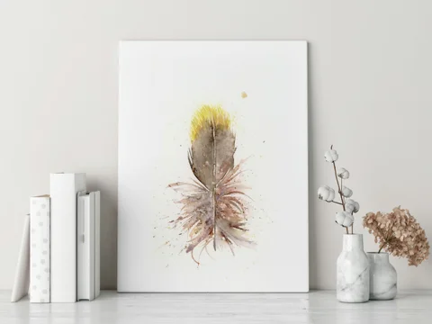 Image of a feather watercolor painting by Shayna Larsen, originals & prints available