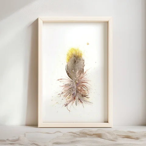 Image of a feather watercolor painting by Shayna Larsen, originals & prints available