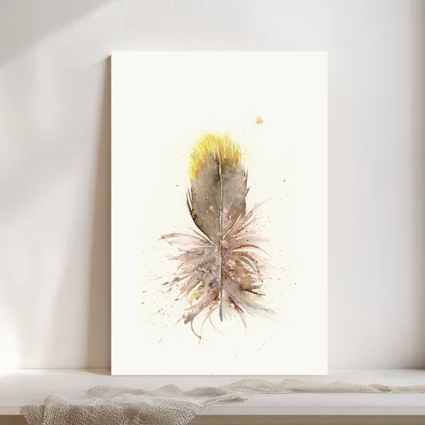 Image of a feather watercolor painting by Shayna Larsen, originals & prints available