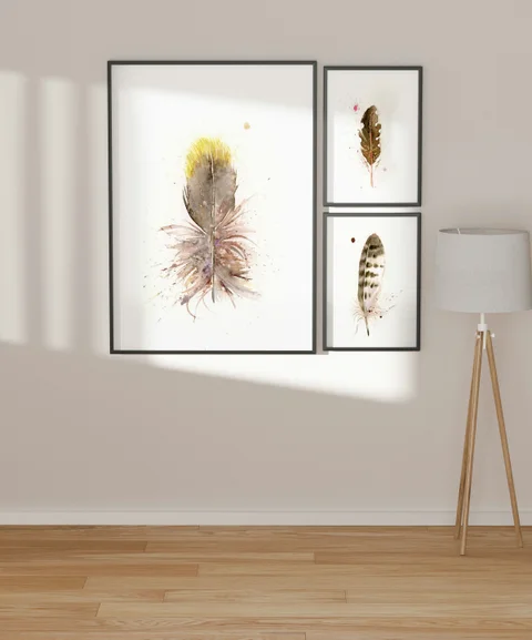 Image of a feather watercolor painting by Shayna Larsen, originals & prints available