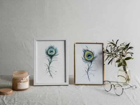 Image of a feather watercolor painting by Shayna Larsen, originals & prints available
