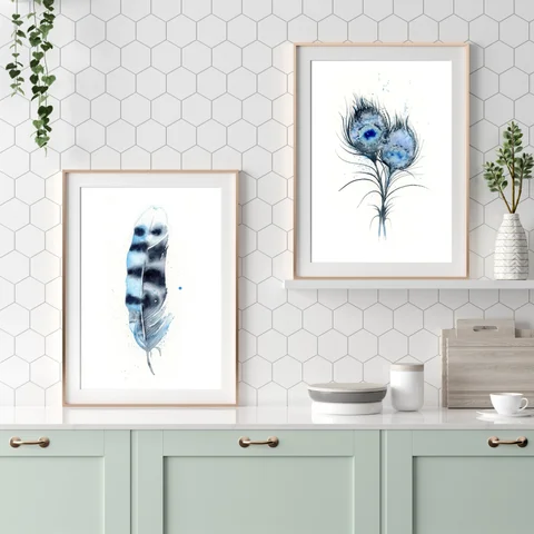 Image of a feather watercolor painting by Shayna Larsen, originals & prints available
