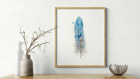 Image of a feather watercolor painting by Shayna Larsen, originals & prints available