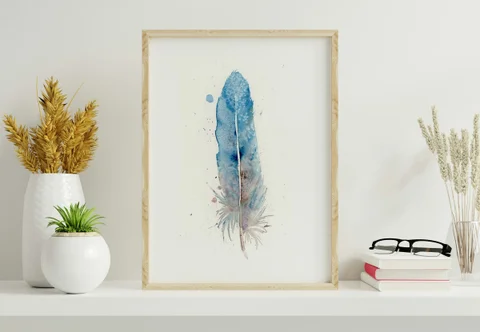 Image of a feather watercolor painting by Shayna Larsen, originals & prints available