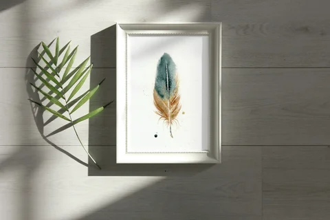 Image of a feather watercolor painting by Shayna Larsen, originals & prints available