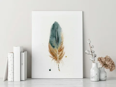 Image of a feather watercolor painting by Shayna Larsen, originals & prints available