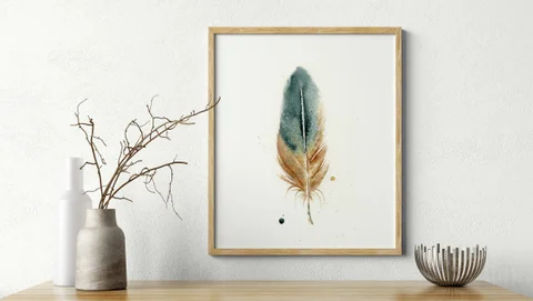 Image of a feather watercolor painting by Shayna Larsen, originals & prints available
