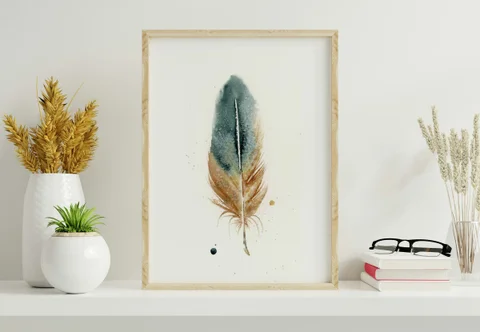 Image of a feather watercolor painting by Shayna Larsen, originals & prints available