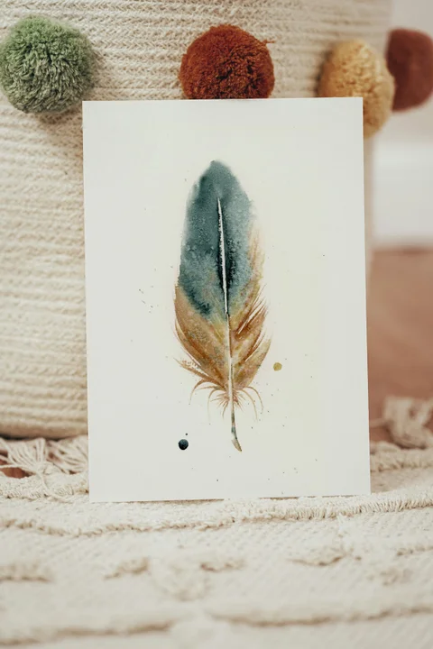 Image of a feather watercolor painting by Shayna Larsen, originals & prints available