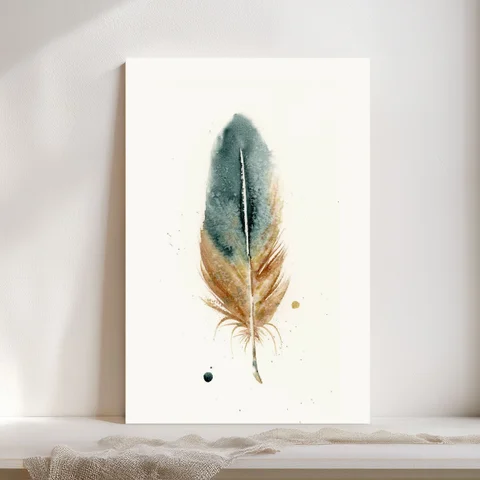 Image of a feather watercolor painting by Shayna Larsen, originals & prints available
