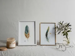 Image of a feather watercolor painting by Shayna Larsen, originals & prints available