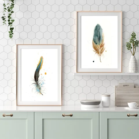 Image of a feather watercolor painting by Shayna Larsen, originals & prints available