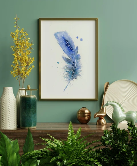 Image of a feather watercolor painting by Shayna Larsen, originals & prints available