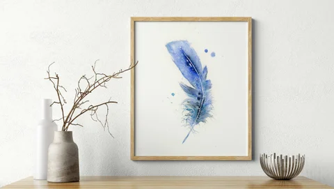 Image of a feather watercolor painting by Shayna Larsen, originals & prints available