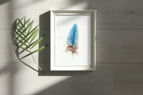 Image of a feather watercolor painting by Shayna Larsen, originals & prints available