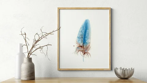 Image of a feather watercolor painting by Shayna Larsen, originals & prints available