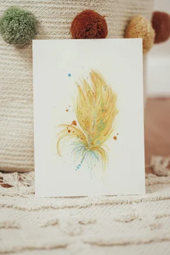 Image of a feather watercolor painting by Shayna Larsen, originals & prints available