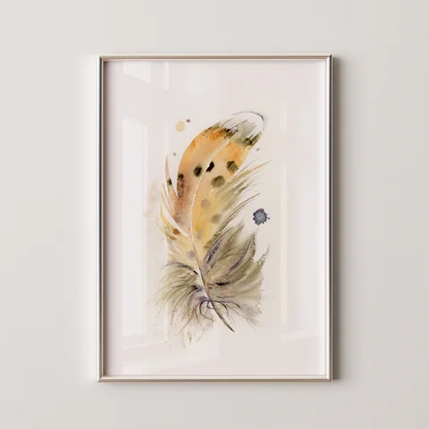 Image of a feather watercolor painting by Shayna Larsen, originals & prints available