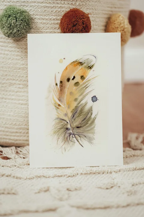 Image of a feather watercolor painting by Shayna Larsen, originals & prints available