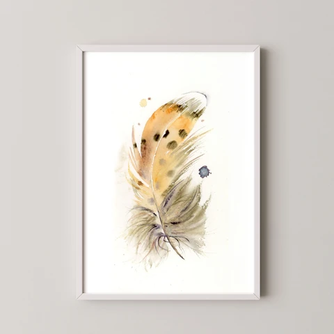 Image of a feather watercolor painting by Shayna Larsen, originals & prints available