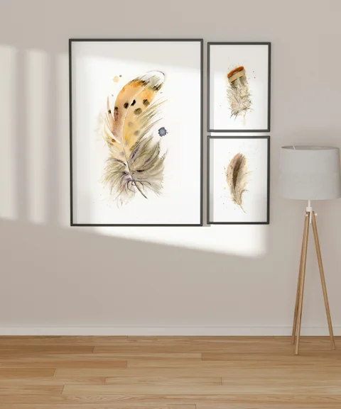 Image of a feather watercolor painting by Shayna Larsen, originals & prints available