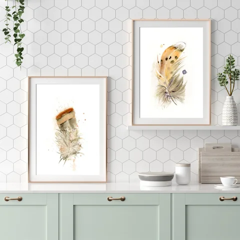 Image of a feather watercolor painting by Shayna Larsen, originals & prints available