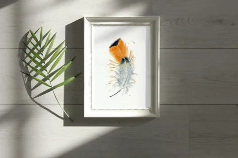 Image of a feather watercolor painting by Shayna Larsen, originals & prints available