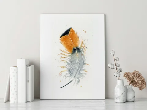 Image of a feather watercolor painting by Shayna Larsen, originals & prints available
