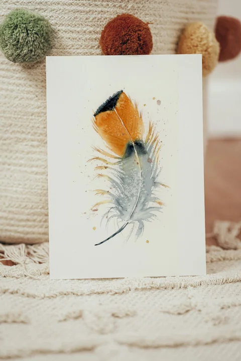 Image of a feather watercolor painting by Shayna Larsen, originals & prints available